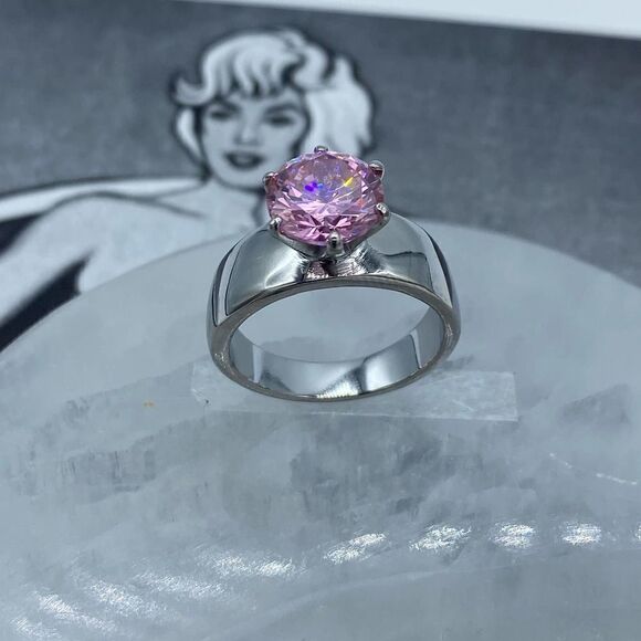 Pink CZ Solitaire Stainless Steel Ring Sizes 6,7,8,9 - Picture 3 of 6
